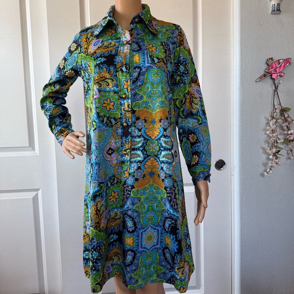 VINTAGE 70s the Spectator 🐎 Colorful Paisley Long Sleeve Dress M blue green